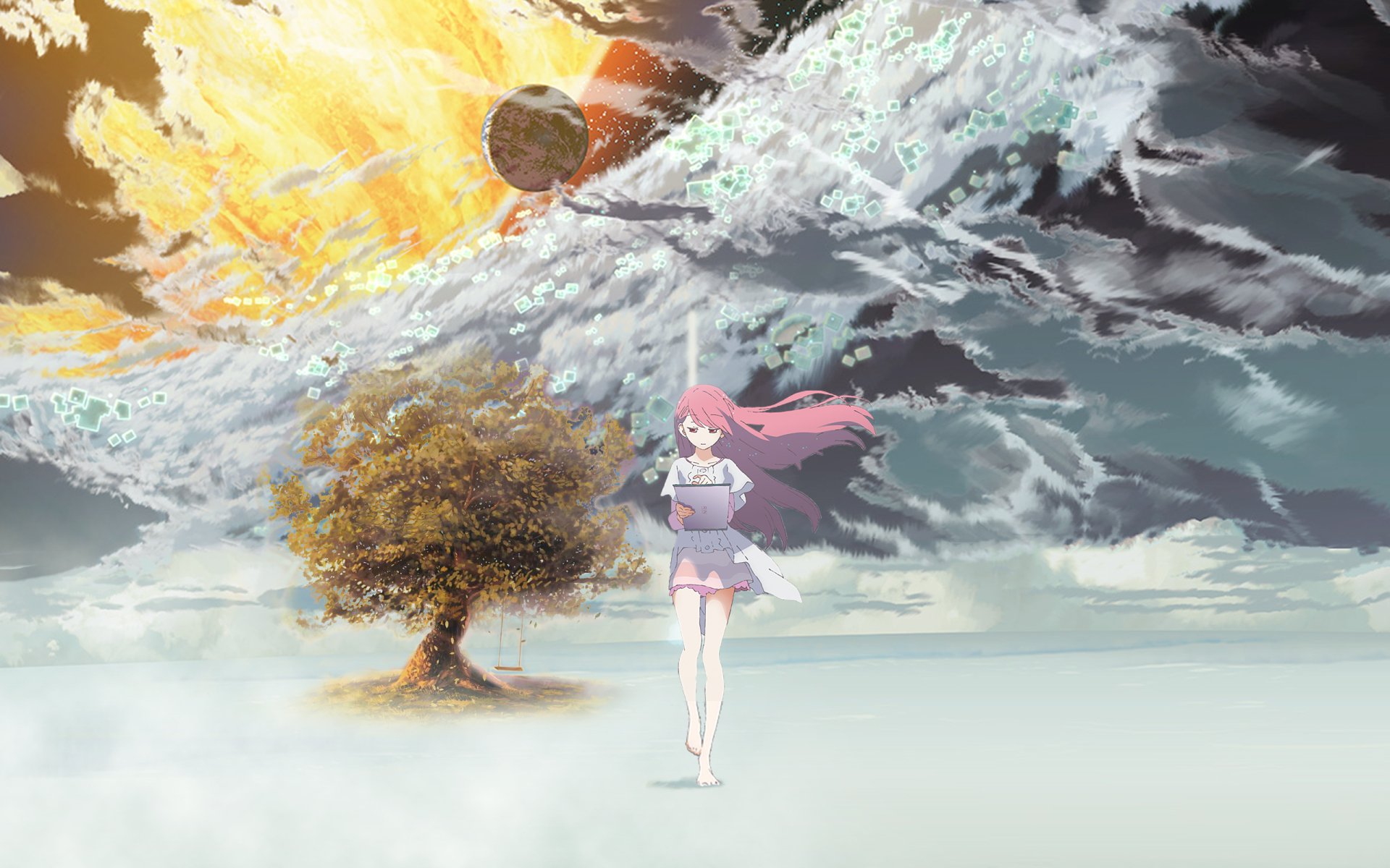 HD desktop wallpaper featuring Shelter (Anime) character Rin standing in a serene, surreal landscape with a tree and a dramatic, cloudy sky lit with vibrant colors.