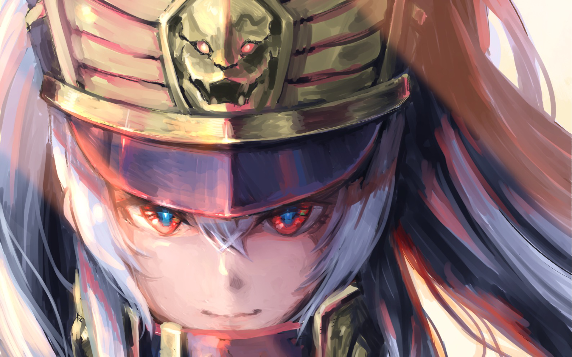 HD desktop wallpaper featuring Gunpuku no Himegimi from Re:Creators anime. The character sports white hair, red eyes, and a distinctive helmet, with an intense expression on her face.