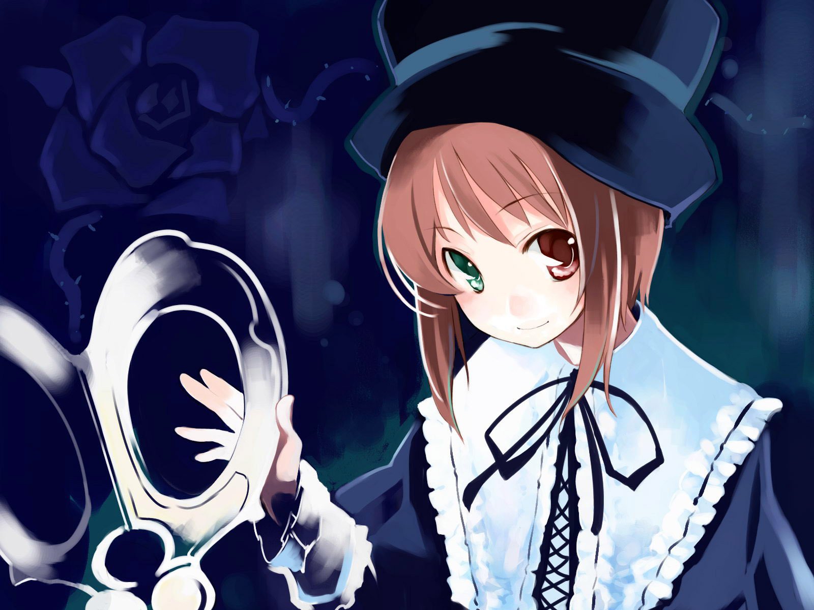 HD anime desktop wallpaper featuring a cute Rozen Maiden character with green eyes, wearing a black hat and a white and black outfit, set against a dark rose-themed background.