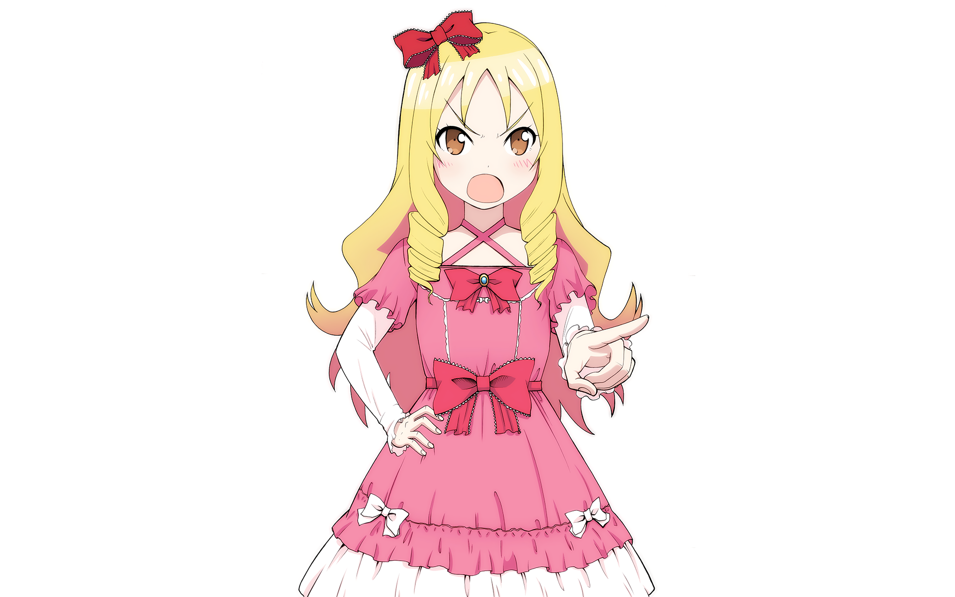 HD PC desktop wallpaper featuring Elf Yamada from the anime EroManga-Sensei in a pink dress with bows and a red hair ribbon.