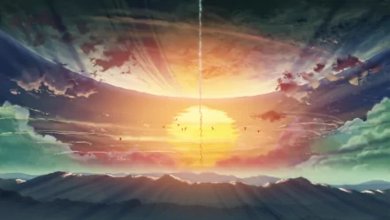 HD anime landscape wallpaper from 5 Centimeters per Second, featuring a stunning sun setting over a mountainous horizon with vibrant clouds and soft, radiant colors.
