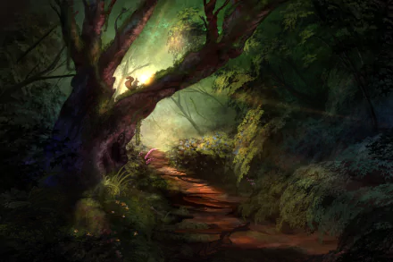 A fantasy forest scene with a sunbeam illuminating a squirrel perched on a tree branch above a winding path, surrounded by lush greenery. HD desktop wallpaper and background.
