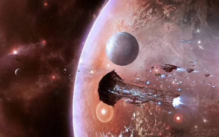 HD desktop wallpaper of the video game EVE Online featuring spaceships traveling through a galaxy near a large planet and moons. The scene captures the vastness of space with exquisite detail.