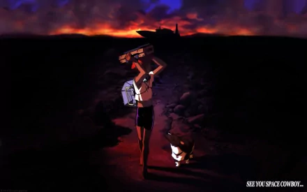 A vibrant HD wallpaper featuring Ein and a character from Cowboy Bebop walking against a dramatic sunset backdrop, embodying the spirit of the anime. Text reads, SEE YOU SPACE COWBOY...