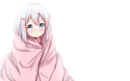 HD desktop wallpaper of Sagiri Izumi from EroManga-Sensei. The anime character is wrapped in a pink blanket, with a white background enhancing her blue eyes and light hair.