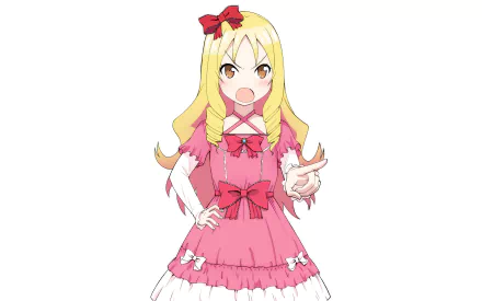 HD PC desktop wallpaper featuring Elf Yamada from the anime EroManga-Sensei in a pink dress with bows and a red hair ribbon.