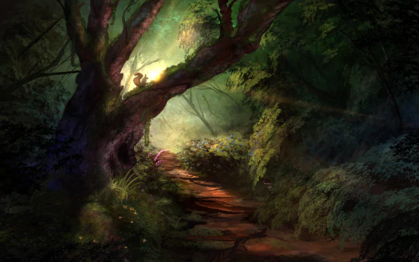 A fantasy forest scene with a sunbeam illuminating a squirrel perched on a tree branch above a winding path, surrounded by lush greenery. HD desktop wallpaper and background.