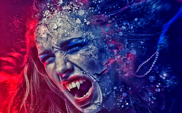 HD dark fantasy wallpaper featuring a fierce vampire face with fangs, cracked textured skin, and intense red and blue lighting effects.