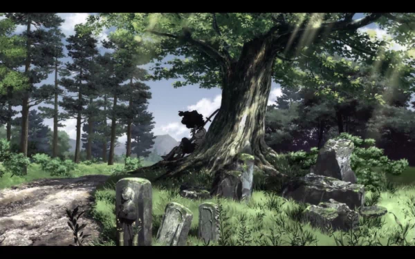 A serene forest scene features an Afro Samurai character beside a large tree, surrounded by gravestones, creating an atmospheric HD anime wallpaper.