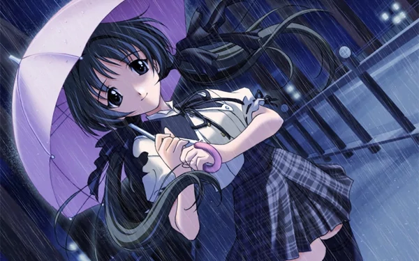 HD anime desktop wallpaper featuring a cute girl from Memories Off holding a pink umbrella in the rain, with flowing hair and a dark plaid skirt.