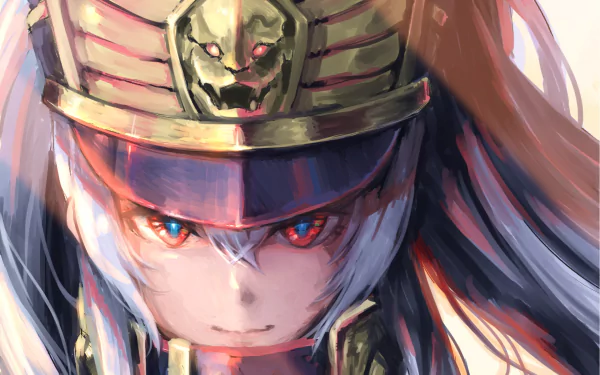 HD desktop wallpaper featuring Gunpuku no Himegimi from Re:Creators anime. The character sports white hair, red eyes, and a distinctive helmet, with an intense expression on her face.