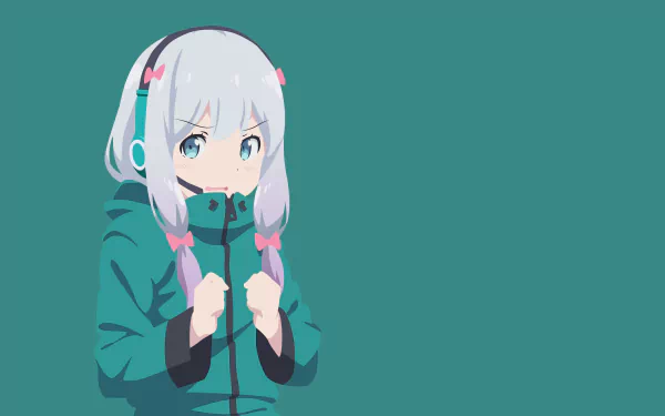 4K Ultra HD anime wallpaper featuring Sagiri Izumi from EroManga-Sensei, wearing a teal jacket with pink hair accessories against a solid teal background.
