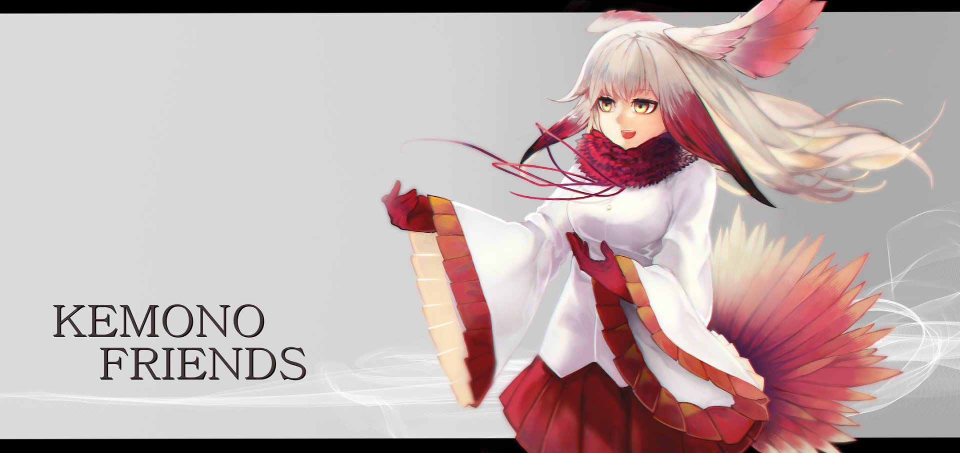 HD anime desktop wallpaper of Crested Ibis (Kemono Friends): a red-and-white costumed character with flowing hair and tail feathers against a soft gray background.