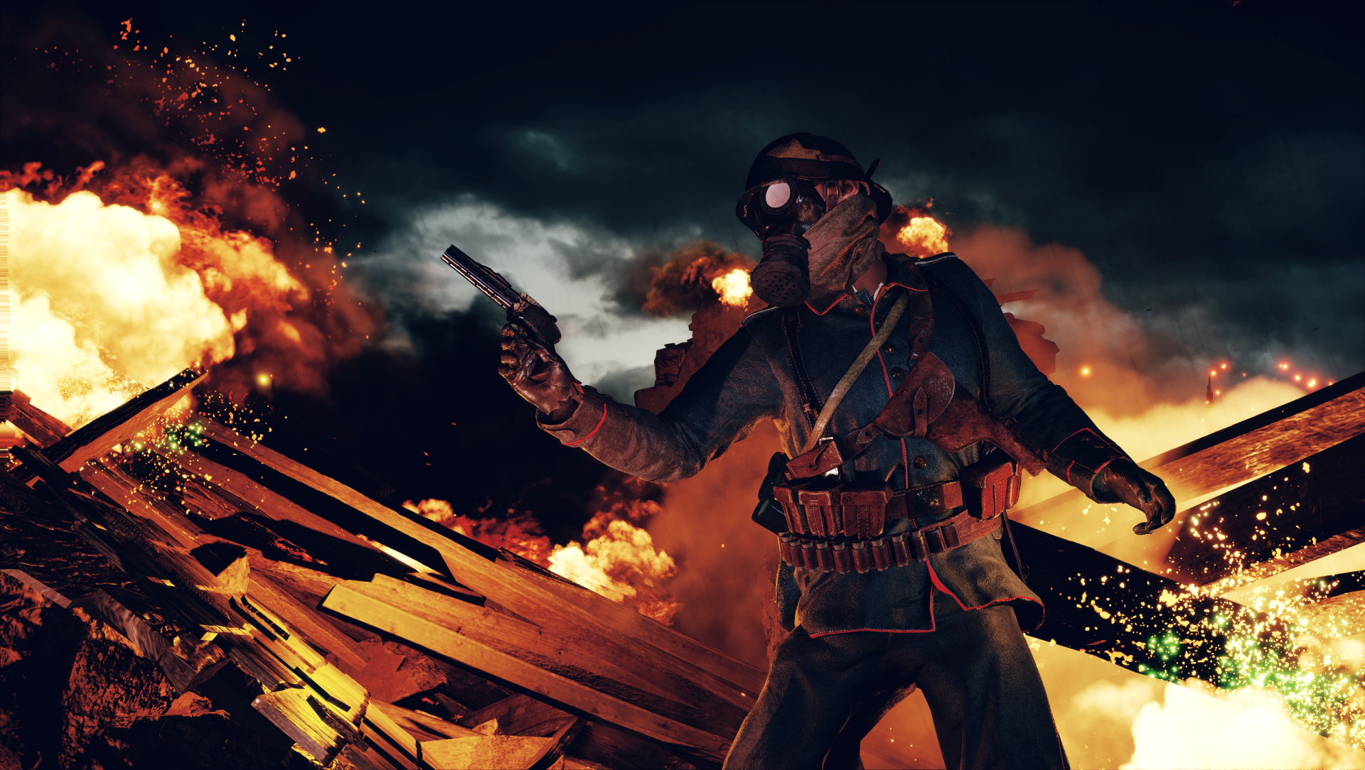 HD Battlefield 1 desktop wallpaper featuring a soldier wearing a gas mask amid flames and war-torn debris, capturing intense action from the video game.