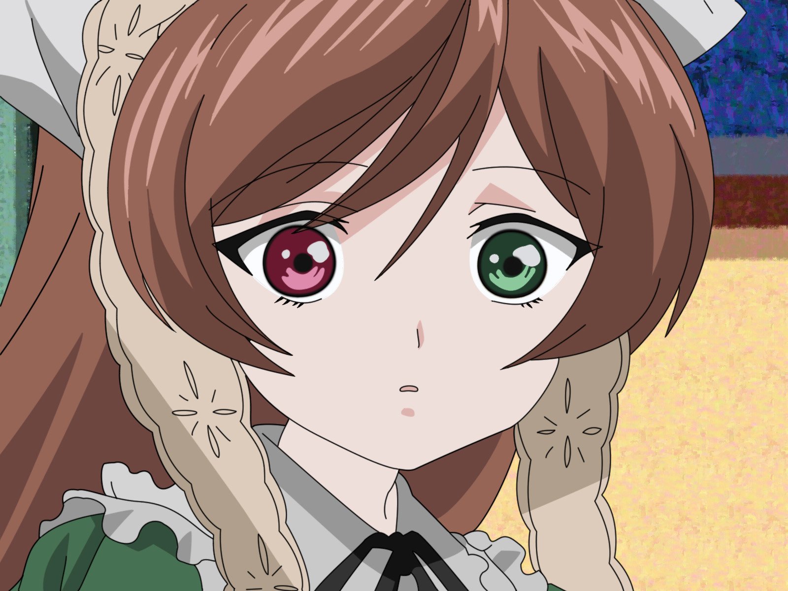 HD desktop wallpaper featuring a cute anime character from Rozen Maiden with distinct pink and green eyes, showcasing delicate details in a charming style.
