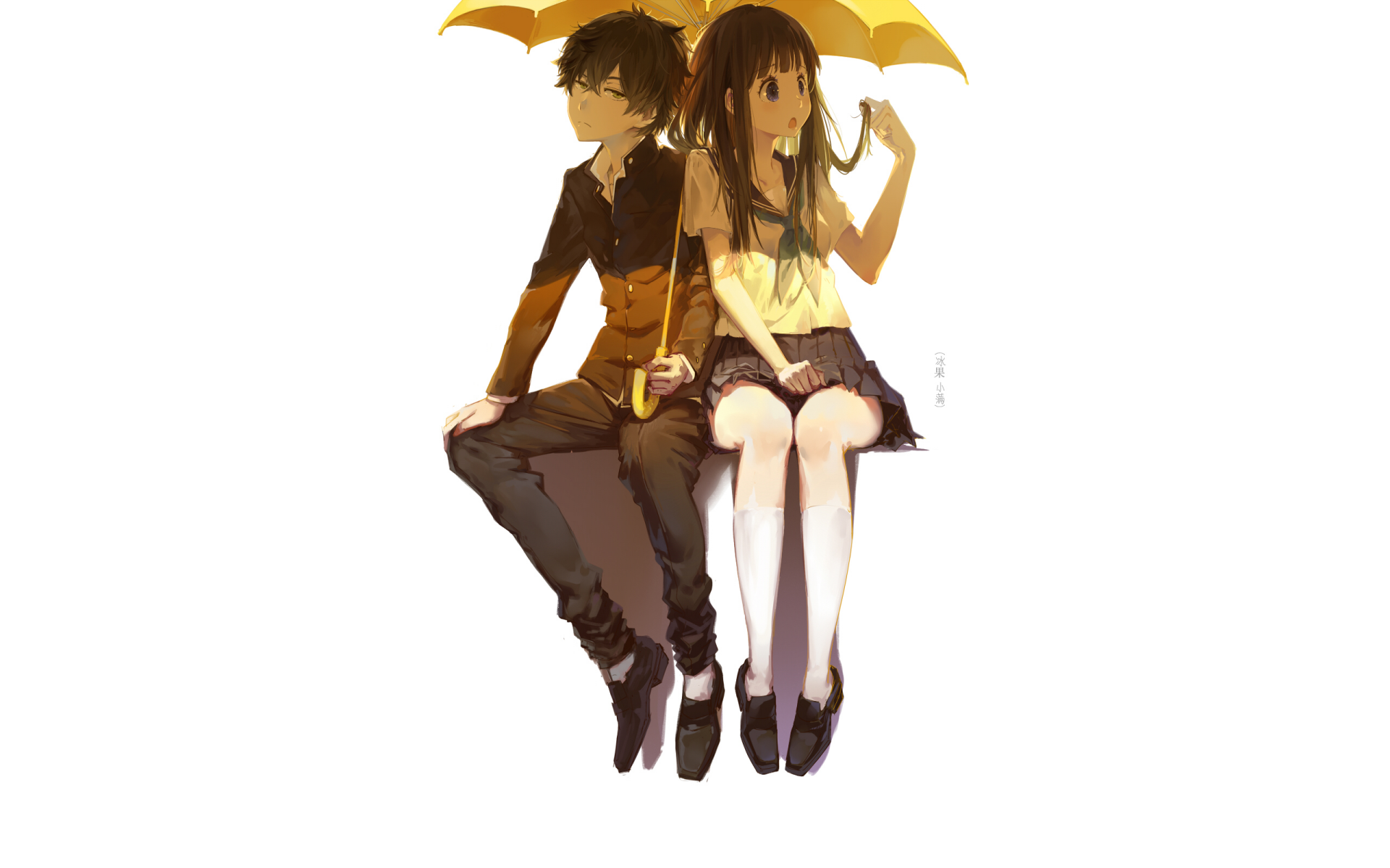 HD anime desktop wallpaper featuring Hōtarō Oreki and Eru Chitanda from Hyouka, sitting together with an umbrella.
