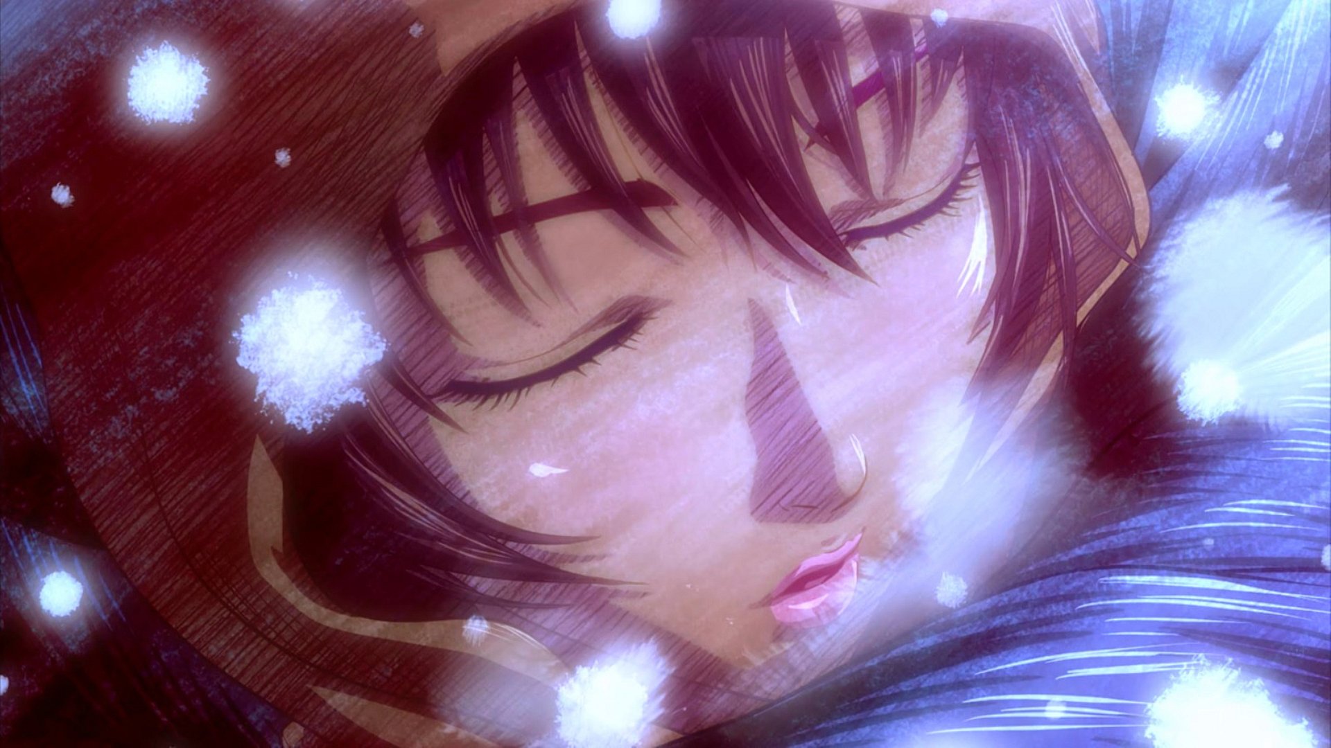 Anime Berserk (2016) HD PC desktop wallpaper: close-up of a sleeping woman’s face in rain, soft light and floating droplets against a blurred, dreamy background.