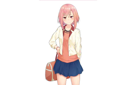 HD desktop wallpaper featuring Yoshino Koharu from the anime Sakura Quest, standing with a casual outfit, pink hair, and a neutral expression.