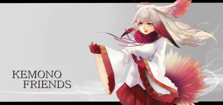 HD anime desktop wallpaper of Crested Ibis (Kemono Friends): a red-and-white costumed character with flowing hair and tail feathers against a soft gray background.