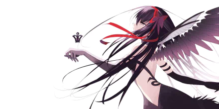 4K Ultra HD anime wallpaper featuring Homura Akuma from Puella Magi Madoka Magica, showcasing her with flowing dark hair, red ribbons, and detailed angelic wings.