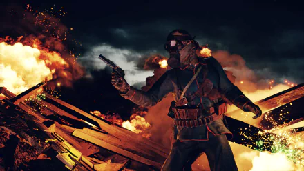HD Battlefield 1 desktop wallpaper featuring a soldier wearing a gas mask amid flames and war-torn debris, capturing intense action from the video game.