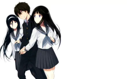 HD desktop wallpaper featuring anime characters Fuyumi Irisu, Hōtarō Oreki, and Eru Chitanda from Hyouka, standing together in school uniforms against a white background.