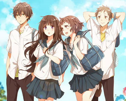 HD wallpaper featuring anime characters Satoshi Fukube, Mayaka Ibara, Hōtarō Oreki, and Eru Chitanda from Hyouka in school uniforms, against a sunny, blue-sky background.