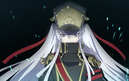 HD desktop wallpaper featuring Gunpuku no Himegimi from the anime Re:Creators, showcasing the character in a bold military outfit with long white hair and a serious expression.