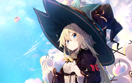 HD desktop wallpaper featuring an anime character from I've Been Killing Slimes for 300 Years and Maxed Out My Level, set against a vibrant blue sky with floating peaches.