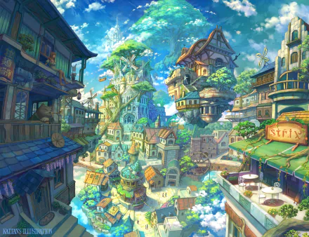 HD anime wallpaper depicting a vibrant, whimsical town with floating houses and lush greenery under a bright blue sky. The artwork reflects an original and fantastical setting full of detail.