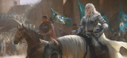 HD desktop wallpaper featuring characters from the anime Berserk, depicting armored warriors riding horses in front of a castle, with green banners waving in the background.