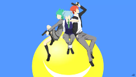 Minimalist HD desktop wallpaper featuring Koro-sensei, Kaede Kayano, Karma Akabane, and Nagisa Shiota from the anime Assassination Classroom on a bright yellow smiley face.