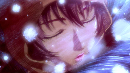 Anime Berserk (2016) HD PC desktop wallpaper: close-up of a sleeping woman’s face in rain, soft light and floating droplets against a blurred, dreamy background.