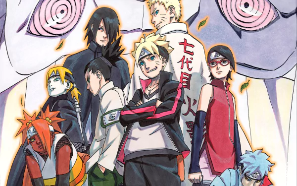 HD desktop wallpaper featuring characters from Boruto: Naruto Next Generations including Boruto Uzumaki, Naruto Uzumaki, Sasuke Uchiha, Sarada Uchiha, Mitsuki, and Chouchou Akimichi.