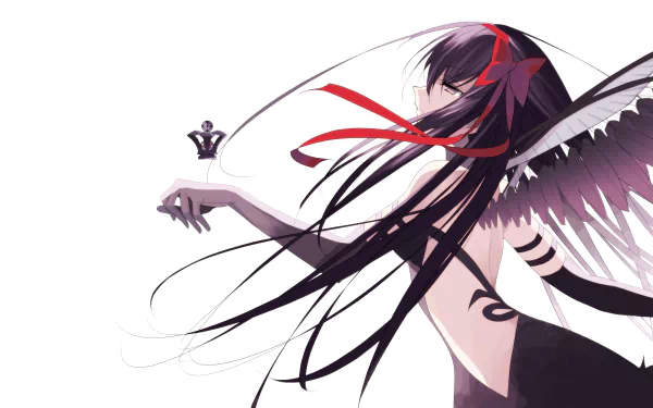 4K Ultra HD anime wallpaper featuring Homura Akuma from Puella Magi Madoka Magica, showcasing her with flowing dark hair, red ribbons, and detailed angelic wings.