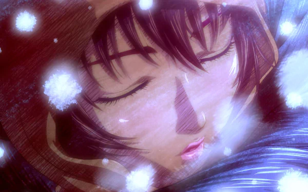 Anime Berserk (2016) HD PC desktop wallpaper: close-up of a sleeping woman’s face in rain, soft light and floating droplets against a blurred, dreamy background.