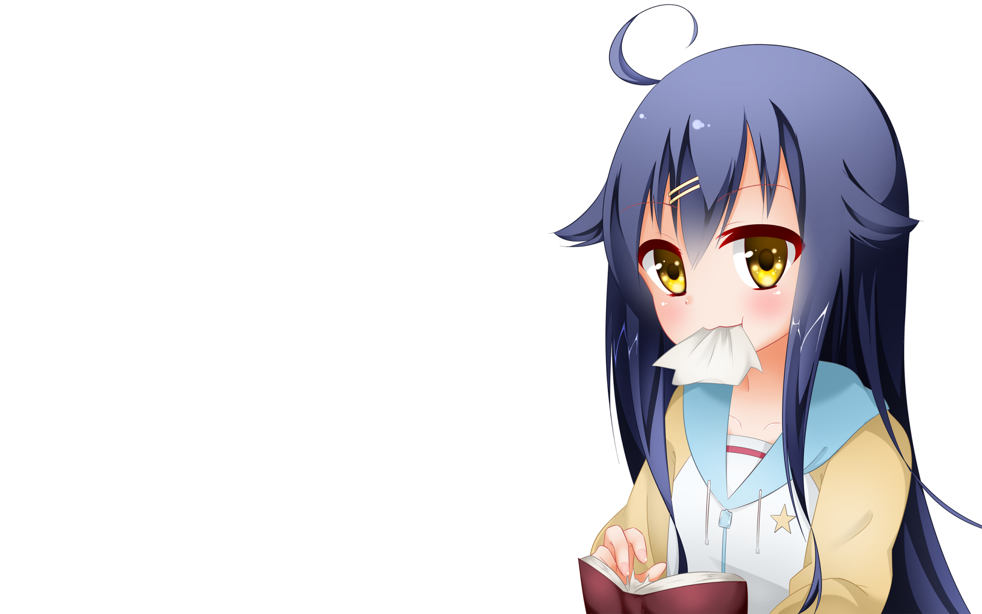 HD anime wallpaper featuring a character from Hinako Note with long dark blue hair, golden eyes, and a tissue in her mouth, set against a white background.