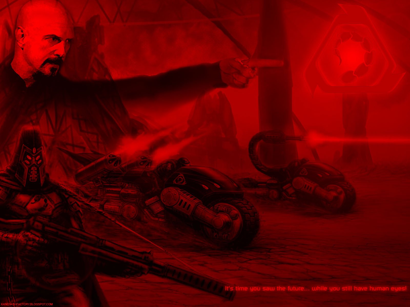 HD PC desktop wallpaper featuring a red-toned Command & Conquer video game scene with a commanding figure and futuristic tanks in a battle setting.