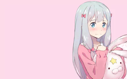 HD desktop wallpaper and background featuring Sagiri Izumi from EroManga-Sensei anime. She is depicted with a shy expression, wearing a pink sweater and holding a plush toy, set against a light pink background.