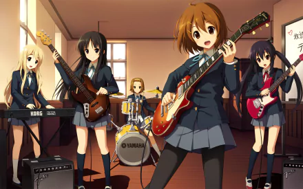 Anime HD wallpaper featuring K-ON! characters Azusa Nakano, Tsumugi Kotobuki, Yui Hirasawa, Ritsu Tainaka, and Mio Akiyama in school uniforms with pantyhose playing instruments.