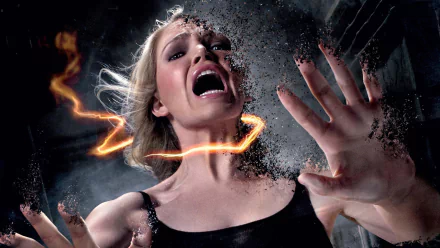 HD PC desktop wallpaper from the movie The Darkest Hour (2011): a woman screams, reaching out as her face and hand crumble into ash and a glowing orange energy ribbon coils around her.