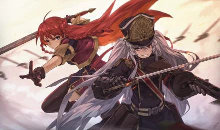 HD desktop wallpaper showing Selesia Yupitiria and Gunpuku no Himegimi from the anime Re:Creators, both in action poses with swords drawn and intense expressions.