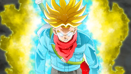Super Saiyan Trunks from Dragon Ball Super, glowing with energy, wearing a denim jacket and red bandana. HD desktop wallpaper and background.