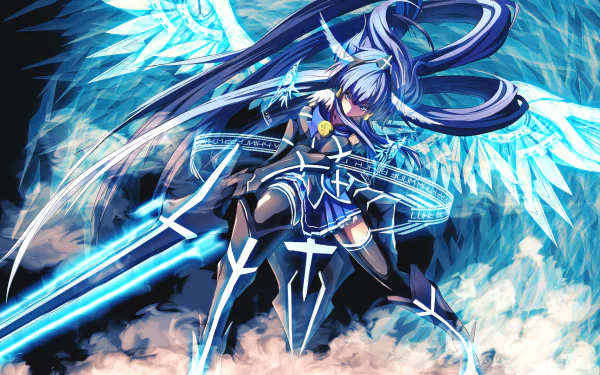 HD anime wallpaper featuring a futuristic angelic character from Pretty Cure!, wielding a glowing sword with blue energy wings against a dynamic sky background.