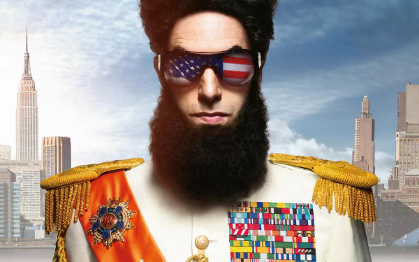 HD PC desktop wallpaper: bearded dictator character in ornate uniform with American-flag sunglasses against a city skyline — promotional image for the movie The Dictator.