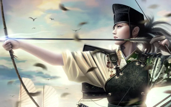 HD wallpaper featuring a fantasy Japanese samurai archer from Legend of the Five Rings, drawing a bow with an arrow, amidst a dynamic background of feathers and a serene sky with birds.