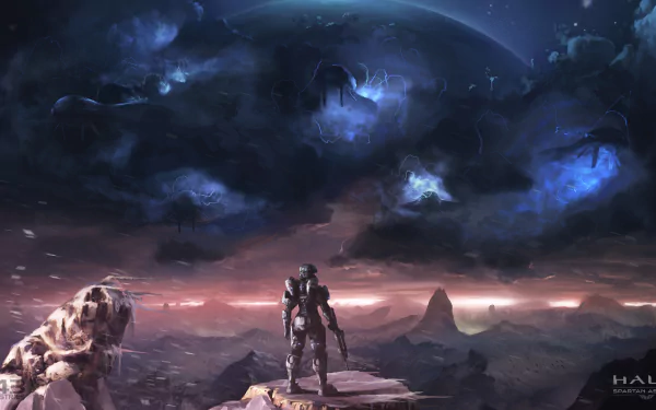 A dramatic HD wallpaper featuring a Spartan from Halo: Spartan Assault, set against a cosmic backdrop with a mysterious landscape and dark, ominous clouds.