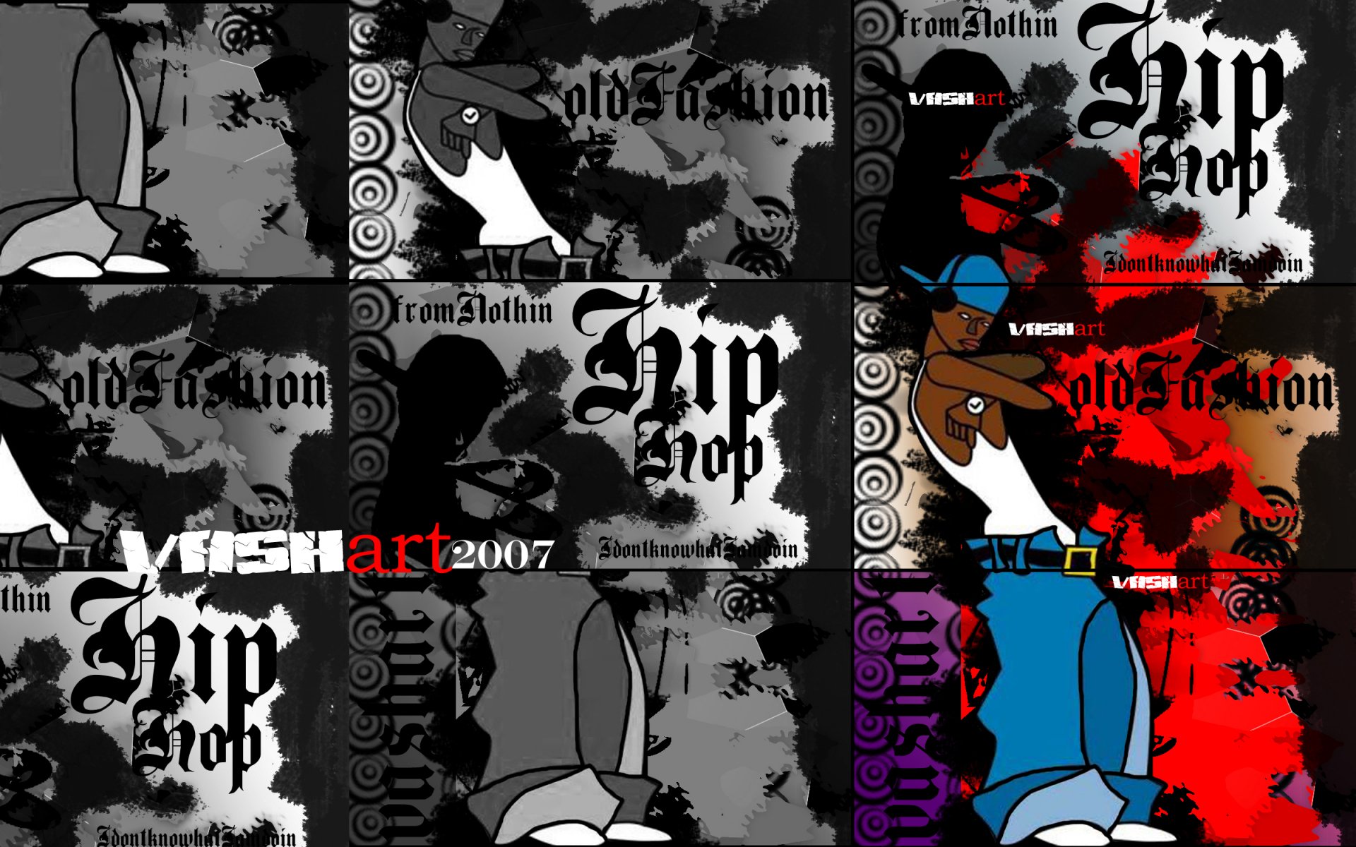 HD urban-themed PC wallpaper featuring artistic, graffiti-style hip hop characters and bold typography, blending black, red, and blue tones.