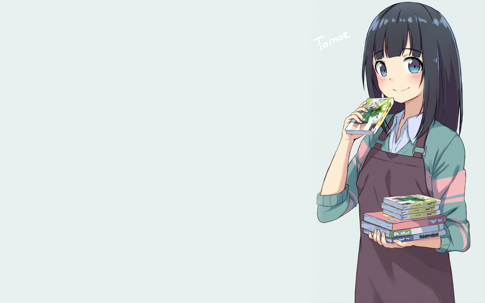 HD desktop wallpaper featuring Tomoe Takasago from the anime EroManga-Sensei. Tomoe, with her dark hair and blue eyes, is seen smiling while holding a book and a stack of books against a white background.