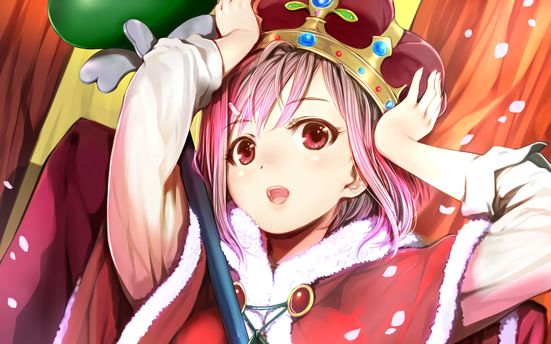 A vibrant HD desktop wallpaper featuring Yoshino Koharu from the anime Sakura Quest, wearing a regal crown and cape with a joyful expression.